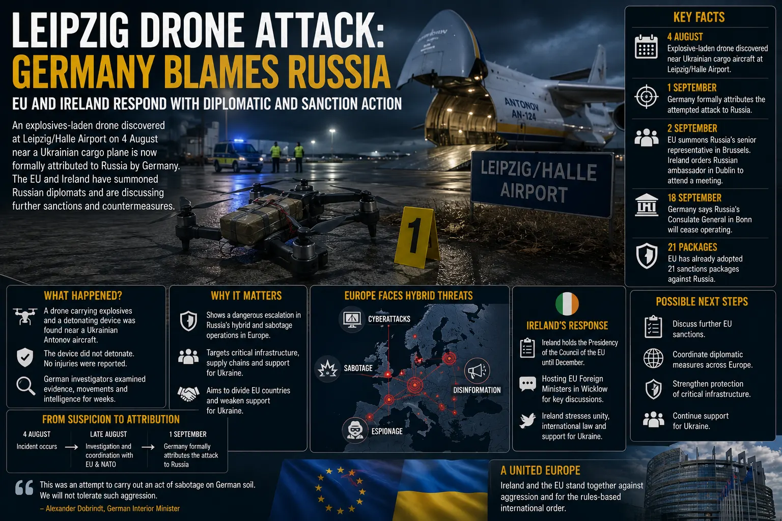 Ireland Moves to Centre of EU Response as Germany Blames Russia for Leipzig Drone Attack