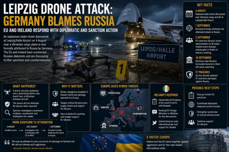 Ireland Moves to Centre of EU Response as Germany Blames Russia for Leipzig Drone Attack