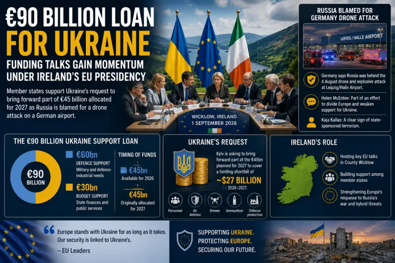 Ireland’s EU Presidency Pushes Faster Ukraine Funding as Leipzig Drone Attack Tests European Unity