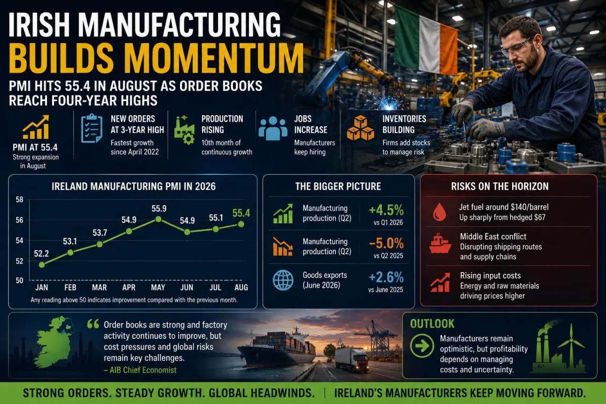 Ireland’s Factory Momentum Holds Near Four-Year High as Orders Surge — but Middle East Costs Darken the Outlook