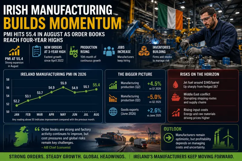 Ireland’s Factory Momentum Holds Near Four-Year High as Orders Surge — but Middle East Costs Darken the Outlook