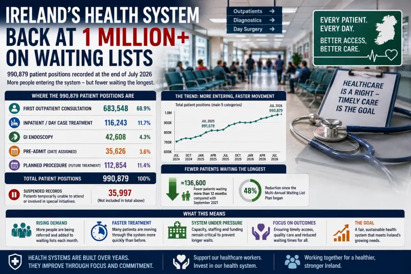 Ireland’s Hospital Waiting Lists Near One Million as Rising Demand Outpaces Gains in Waiting Times